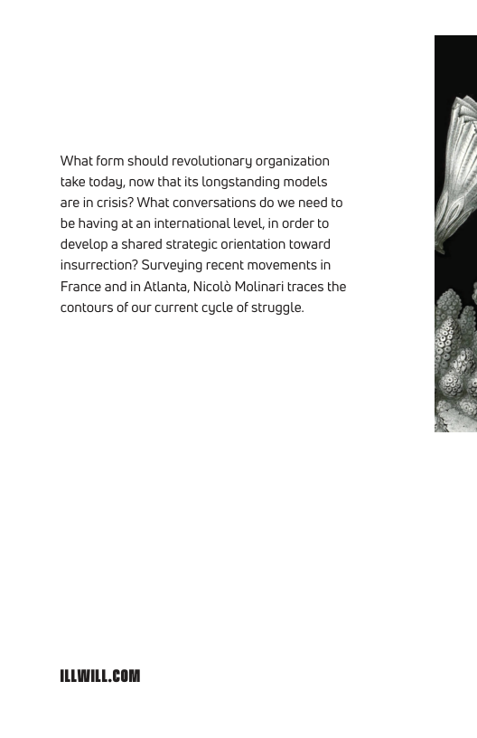 What form should revolutionary organization take today, now that its longstanding models arein crisis? What conversations do we need to be having at an international level, in order to develop a shared strategic orientation toward insurrection? Surveying recent movements in France and in Atlanta, Nicolo Molinari traces the contours of our current cycle of struggle. ILLWILL.COM